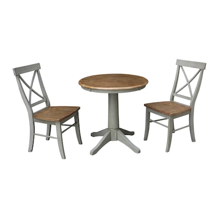 International Concepts Round 30 in Rd Top Pedestal Table, 2 X-Back Chairs, Hickory/Stone, 30 in W, 30 in L, 29.9 in H, Wood K41-30RT-27B-C613-2
